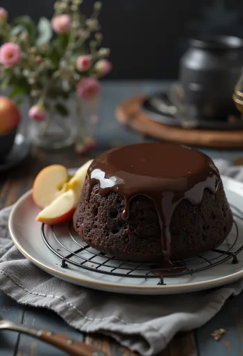 Pastel de manzana y chocolate en presentación elegante