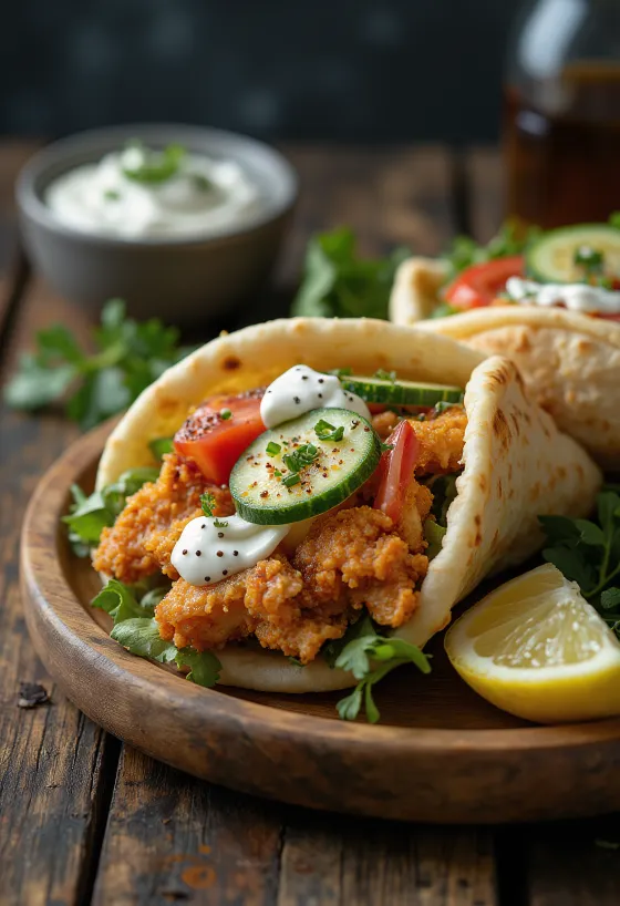 Gyros de pollo servido con verduras frescas, salsa tzatziki y pan pita.