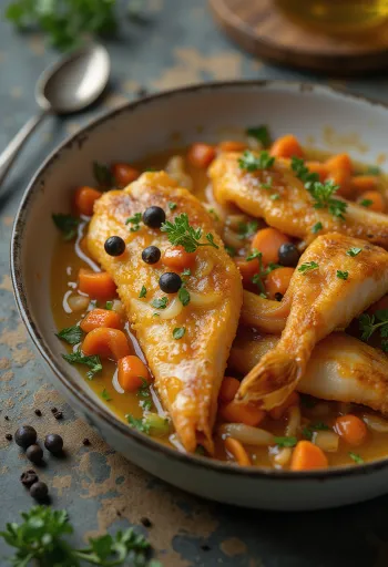 Pescado en escabeche servido con verduras