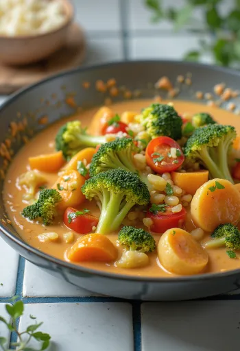 Wok de verduras al curry con leche de coco servido