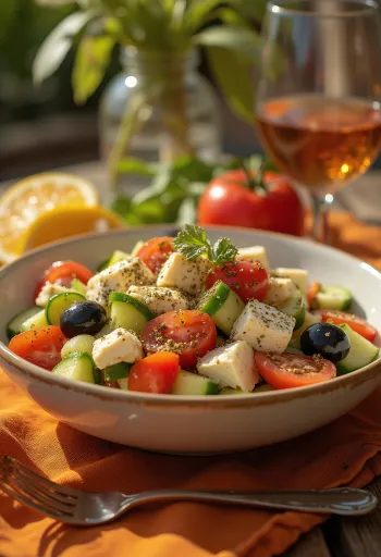 Ensalada griega con cubos de tofu dorados