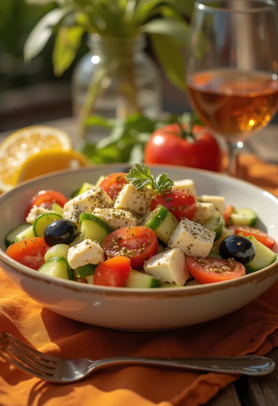 Ensalada griega con cubos de tofu dorados