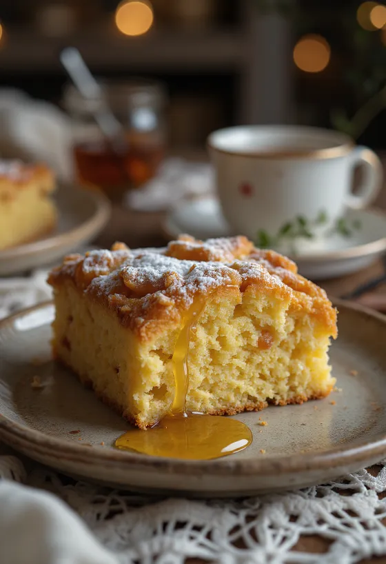 Panqué de jengibre dorado, de textura suave, espolvoreado con azúcar glass.