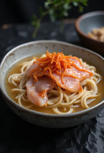 Hoe Naengmyeon, fideos fríos coreanos con rodajas de pescado crudo, pepino y huevo