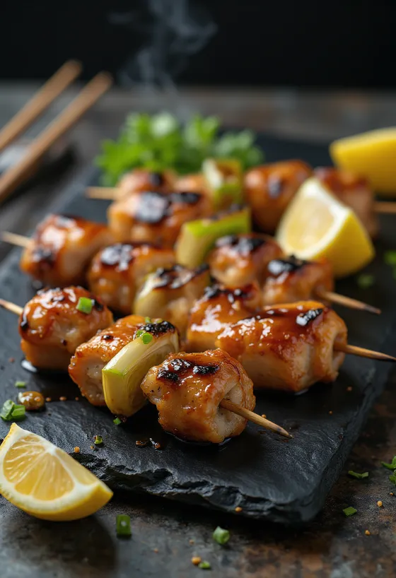 Yakitori clásico, pollo asado en brochetas, servido con ajonjolí y cebollín fresco