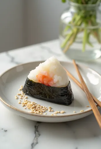 Onigiri de mentaiko, platillo japonés con hueva de pescado, hoja de alga nori y ajonjolí