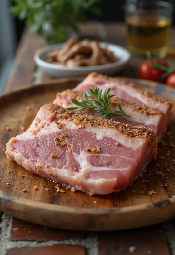 Panceta curada en sal servida en tabla de madera