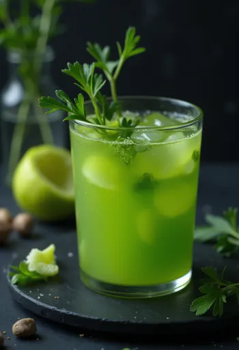 Jugo de apio en vaso alto, decorado con tallos de apio y frutas