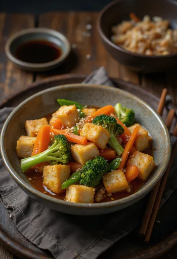 Wok de verduras con tofu servido