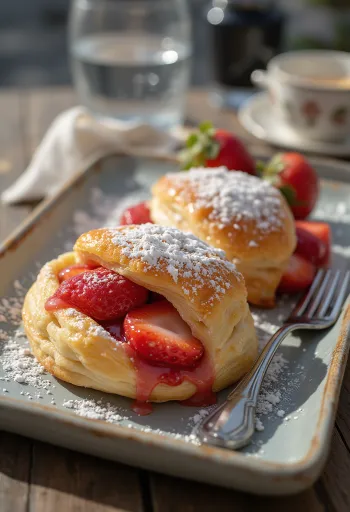 Strudel de fresa recién horneado y crujiente espolvoreado con azúcar glas.