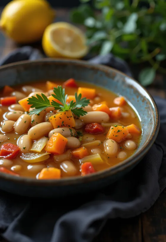 Fasolada servida con puerro, sopa de frijoles con perejil fresco y jugo de limón
