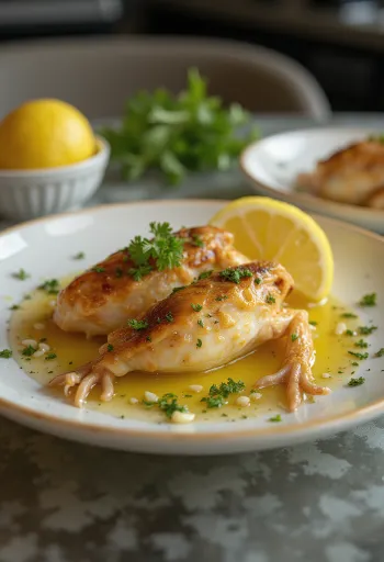 Ancas de rana en mantequilla de ajo servidas con perejil fresco y limón.
