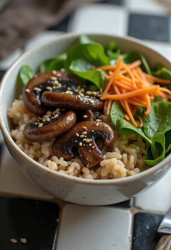 Buddha Bowl vegano con champiñones servido