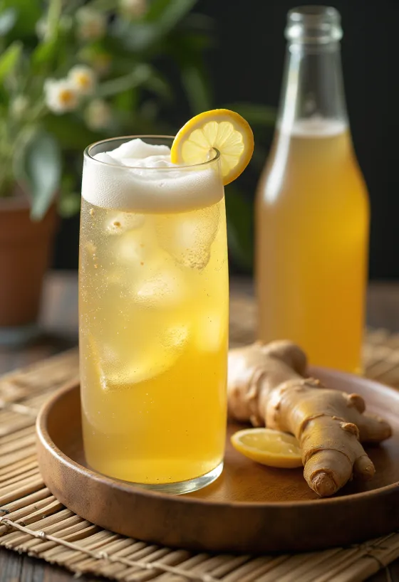 Cerveza de jengibre servida con limón y hielo