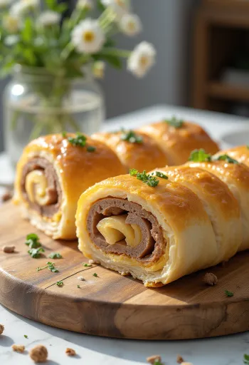 Rollo de carne dorado, servido con verduras frescas y salsa.