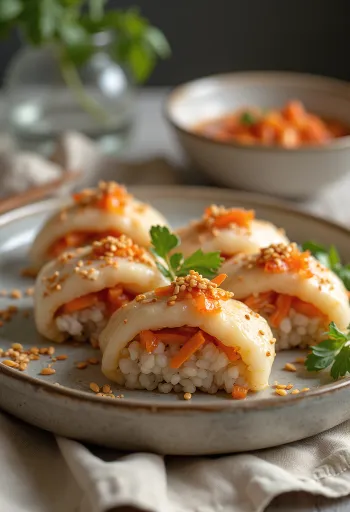 Inarizushi con kimchi, plato japonés rico y especiado espolvoreado con ajonjolí