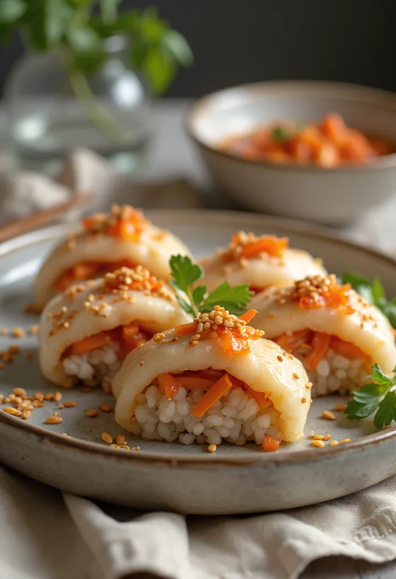 Inarizushi con kimchi, plato japonés rico y especiado espolvoreado con ajonjolí
