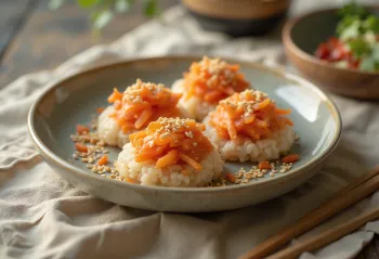 Inarizushi con kimchi, plato japonés rico y especiado espolvoreado con ajonjolí
