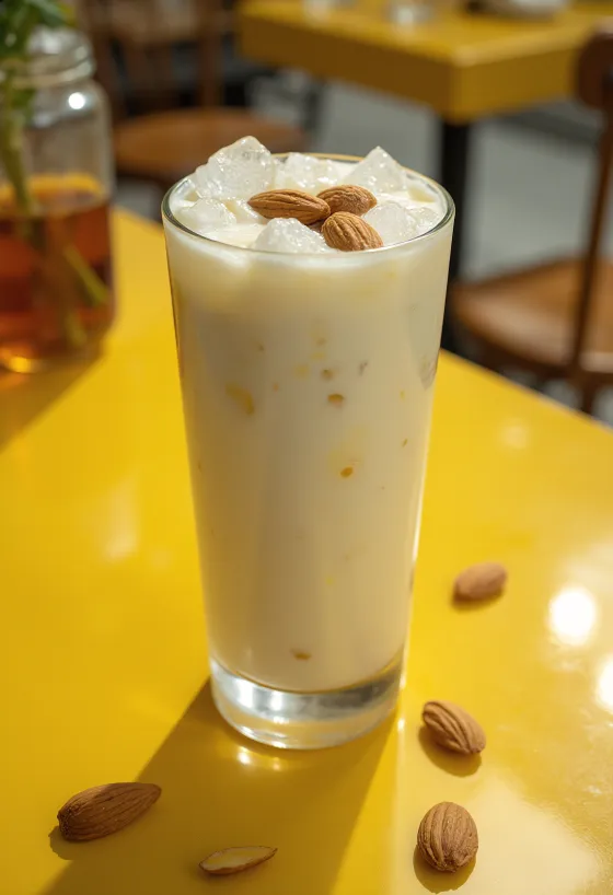 Lassi de almendra en vaso, decorado con hielos y almendras