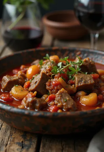 Stifado, estofado griego de res servido