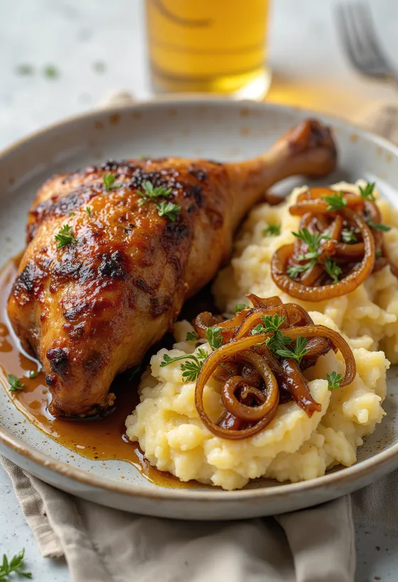 Pato asado con puré de papas encebollado