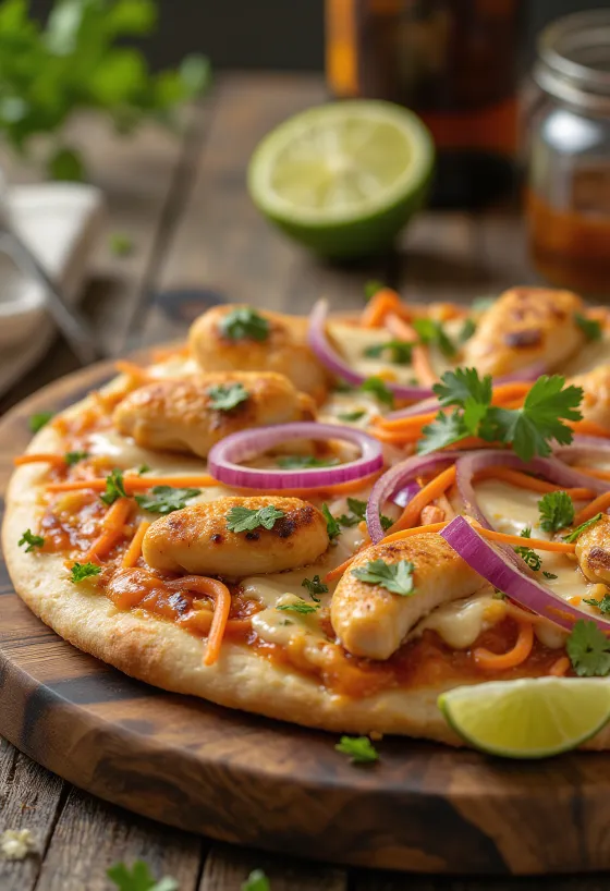 Pizza Thai de pollo con salsa de cacahuate y cilantro