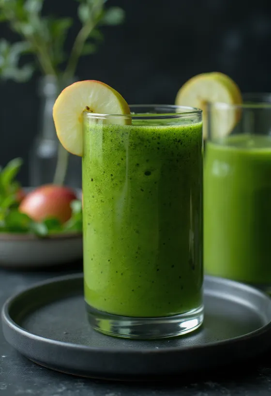 Batido verde en vaso alto, decorado con verduras frescas y frutas