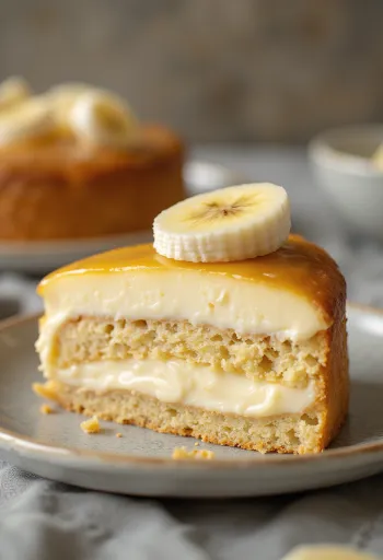 Pastel de plátano y mascarpone servido