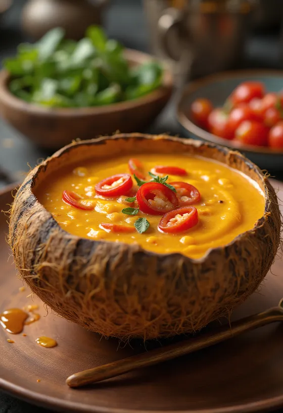 Salsa picante de leche de coco en un tazón, con cilantro fresco y rodajas de chile.