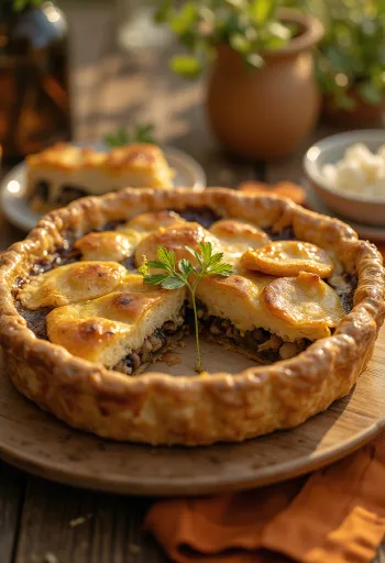 Pastel de champiñones vegano cremoso cortado en rebanadas