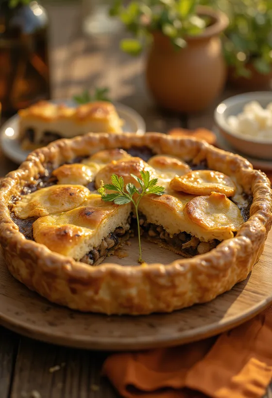 Pastel de champiñones vegano cremoso cortado en rebanadas