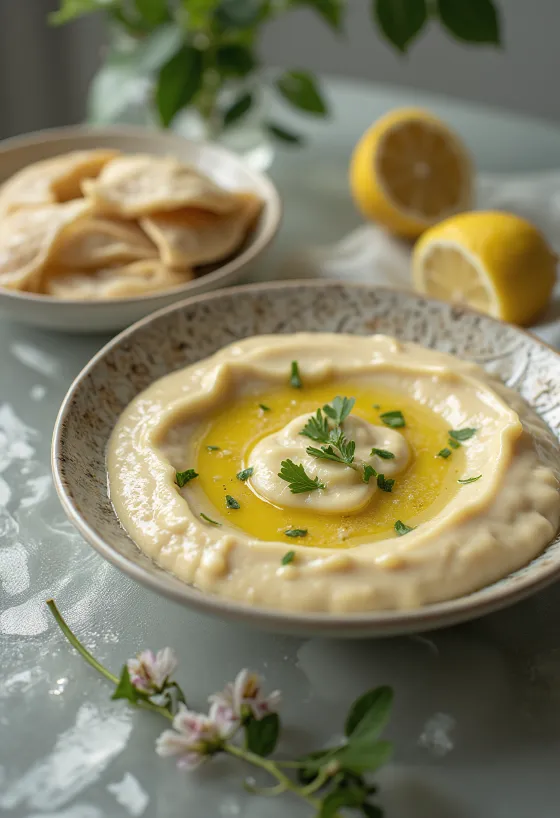 Salsa de tahini y limón servida con pita y verduras a la parrilla