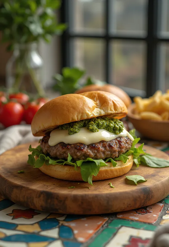 Hamburguesa con queso mozzarella, carne jugosa y albahaca fresca