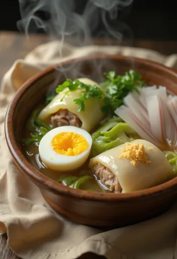 Oden con rollos de repollo, servido con huevo y verduras frescas