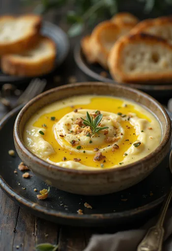 Crema de berenjena con textura suave y cremosa, servida con hierbas frescas y aceite de oliva