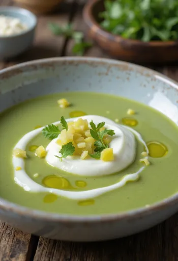 Crema de poro con yogur servida, decorada con aros de poro y perejil fresco