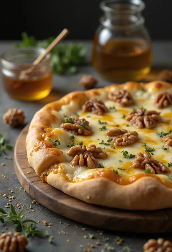 Pizza Cuatro Quesos con nuez servida