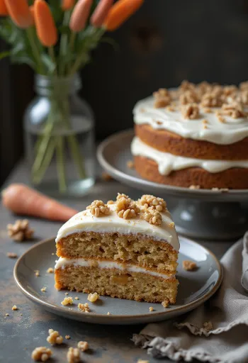 Pastel de zanahoria con glaseado de queso crema, decorado con nueces y zanahoria rallada