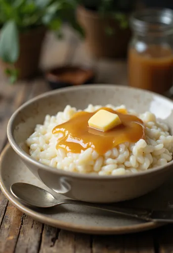 Risengrød con salsa de caramelo, servido con canela y textura cremosa