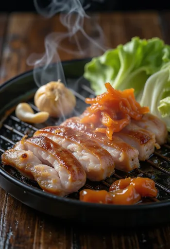 Samgyeopsal servido con hojas de lechuga y kimchi