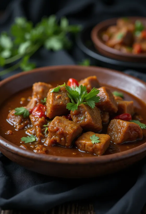 Sarapatel con hígado de cerdo servido, preparado con ricas especias y leche de coco
