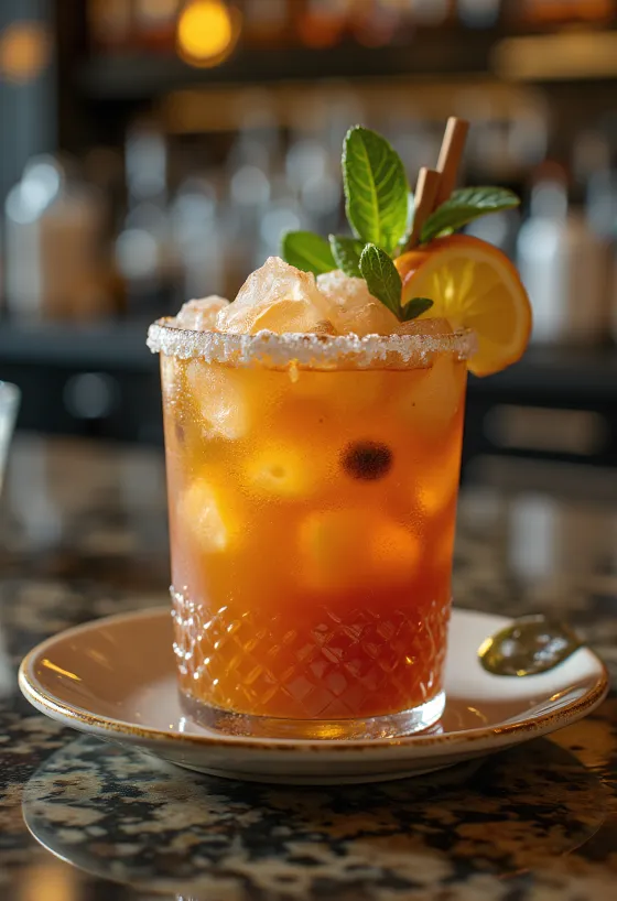 Cóctel Zombie decorado con menta y rebanada de naranja