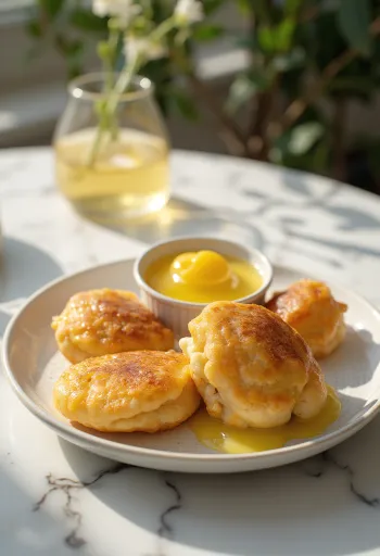 Æbleskiver con crema de limón, esferas frescas y esponjosas, decoradas con salsa de limón