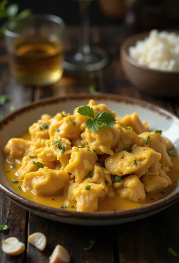 Ají de Gallina con ajo, servido con pollo jugoso y salsa rica.