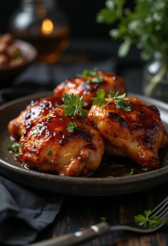 Piernas de pollo BBQ horneadas, servidas con papas fritas