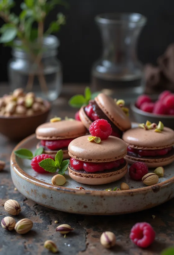 Macarrones de chocolate, frambuesa y pistache servidos