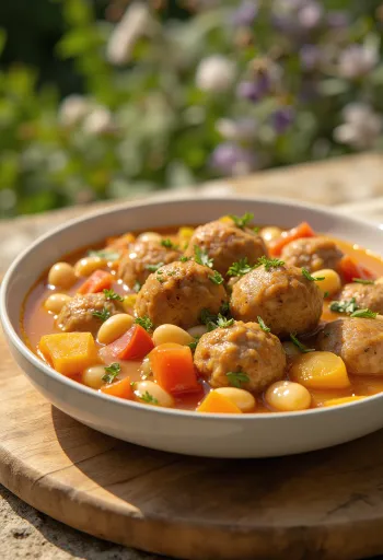 Fasolada con albóndigas servida