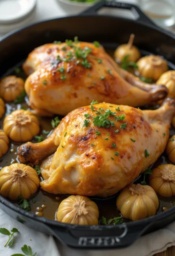 Pollo asado al ajo dorado, decorado con hierbas frescas