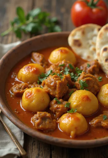Litti con estofado especiado servido con bolas de sémola y guiso aromático