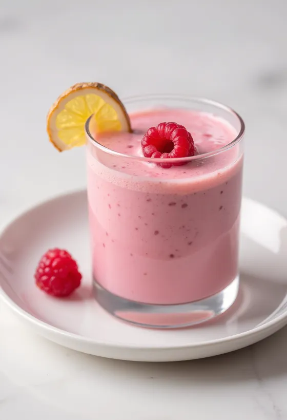 Smoothie de frambuesa y jengibre en vaso, decorado con frambuesa fresca y menta